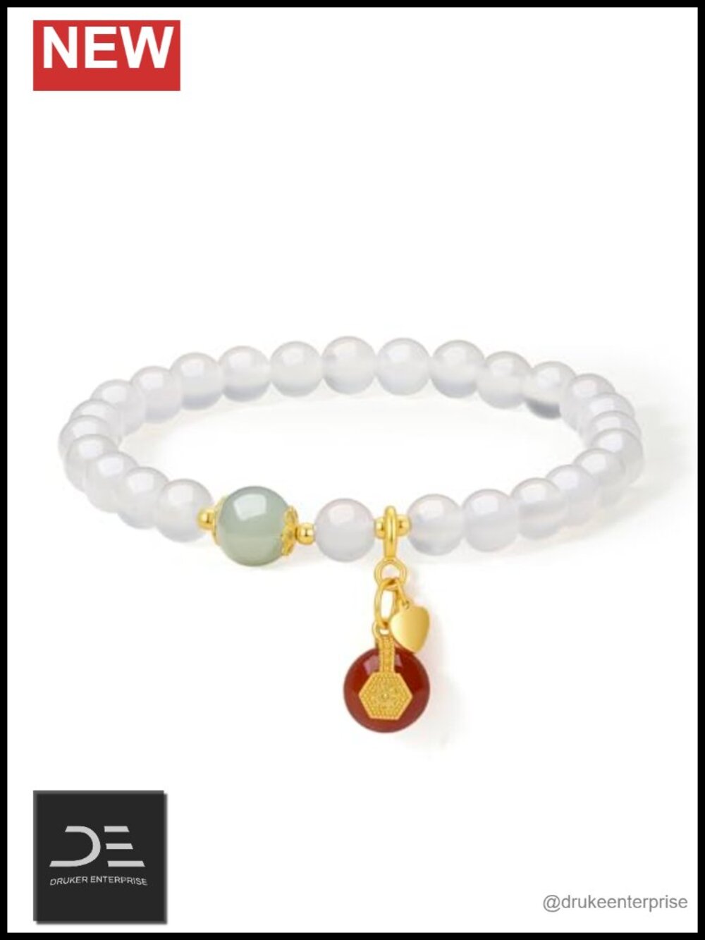 Sterling Silver Stretch Beaded Bracelet, Carnelian & Chalcedony Gemstone, Fine